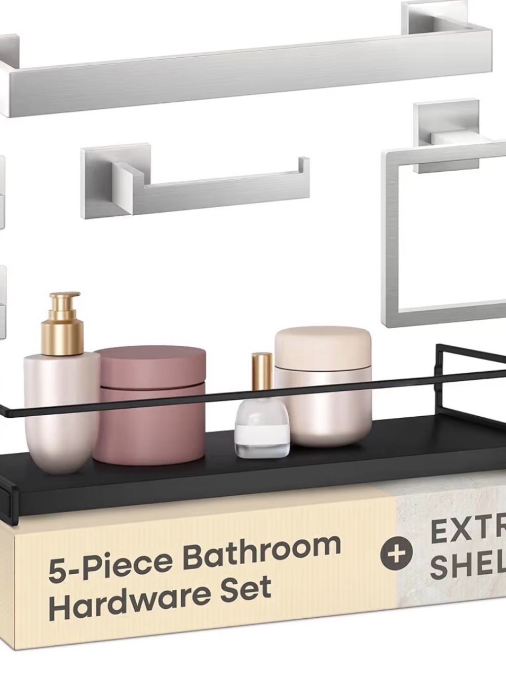 5-Piece Bathroom Hardware Set with Black Shelf - Modern Silver Finish